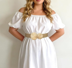 Women Straw Elastic Belt with Gold Buckle
