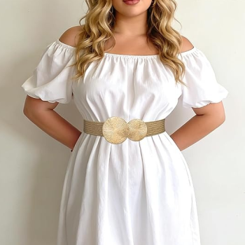 Women Straw Elastic Belt with Gold Buckle