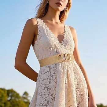 Women Wide Straw Woven Elastic Belt
